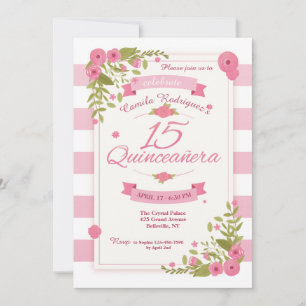 Quinceañera Rosa und weiße Streifen Einladung
