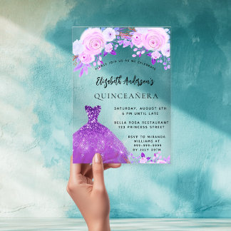 Quinceanera rosa violette Blumen Kleid klar Acryleinladungen