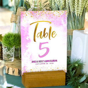 Quinceañera Rosa Wasserfarbe Gold Schrift Glitter Tischnummer