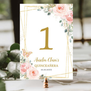 Quinceañera Rosafarben Blumen Goldene Schmetterlin Tischnummer