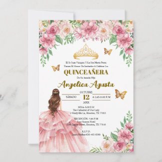 Quinceañera Rosafarbenes Florales Prinzessin Spani Einladung