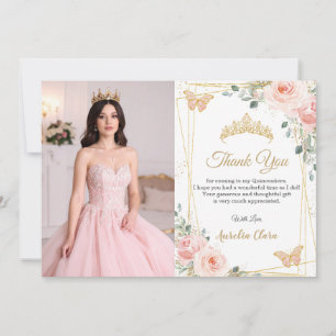 Quinceañera Rosafarbenes Florales Schmetterlinge F Dankeskarte