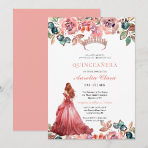 Quinceañera-Rosé-Blumen-Schmetterlings-Tiara Einladung