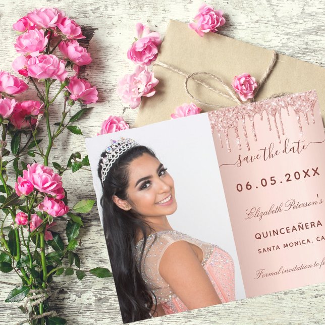 Quinceanera Rose Foto QR Save the Date Karte (Von Creator hochgeladen)