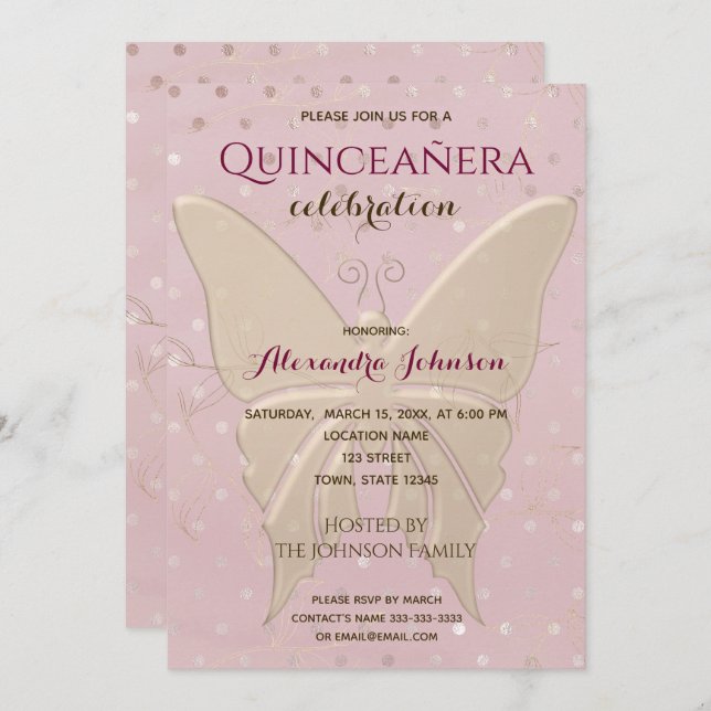 Quinceanera Rose Gold 15. Geburtstag Einladung (Vorne/Hinten)