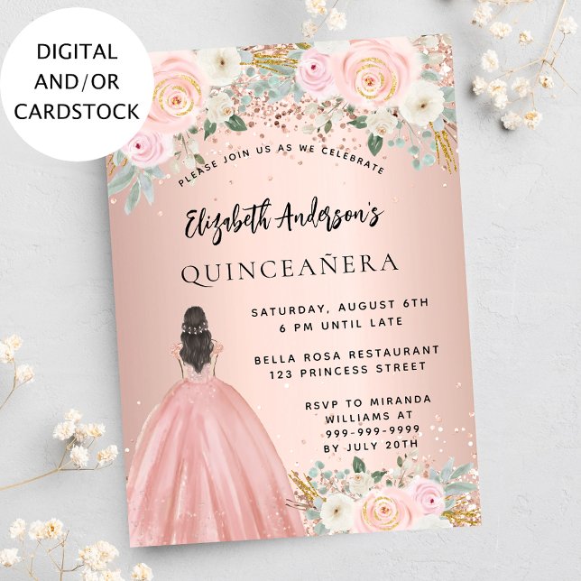 Quinceanera Rose Gold Blume kleiden Luxus Einladung (Von Creator hochgeladen)