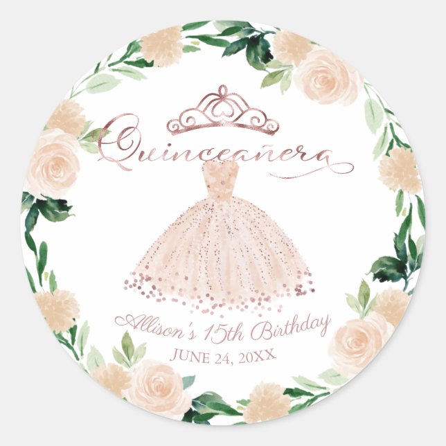 Quinceanera Rose Gold Blush Gosa Rosa Blütenbraun Runder Aufkleber (Vorderseite)
