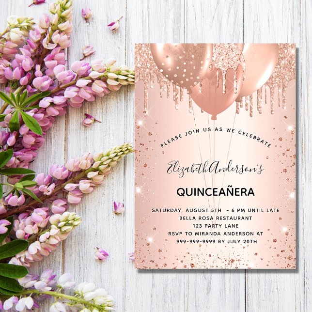 Quinceanera Rose Gold Glitzer Ballons Luxus Einladung (Von Creator hochgeladen)