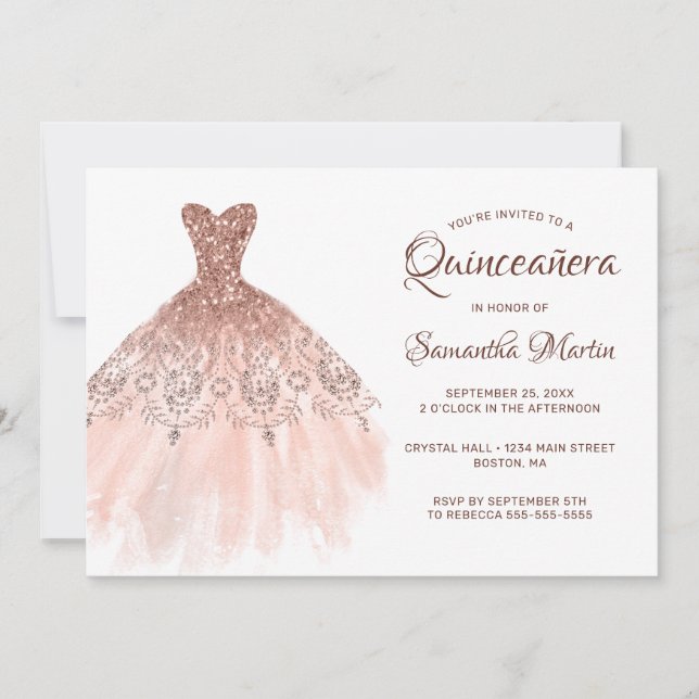 Quinceanera Rose Gold Glitzer Dress on White Party Einladung (Vorderseite)