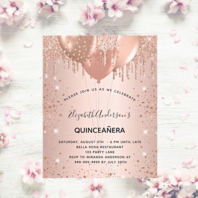Quinceanera Rose Gold Glitzer fallen Ballons Einladungspostkarte (Von Creator hochgeladen)