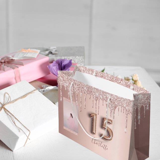 Quinceanera Rose Gold Glitzer Foto Monogramm Große Geschenktüte (Von Creator hochgeladen)