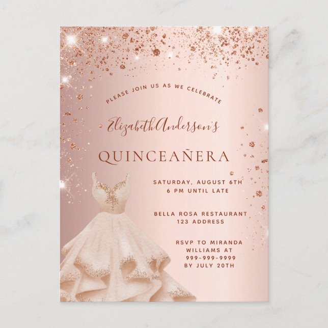 Quinceanera Rose Gold Glitzer Funkelkleid Einladungspostkarte (Vorderseite)