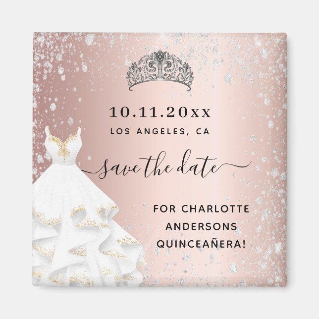 Quinceanera Rose Gold Glitzer Kleid Save the Date Magnet (Vorne)