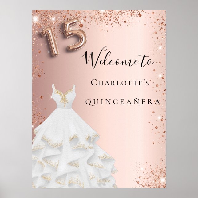 Quinceanera Rose Gold Glitzer Kleid Weißer Empfang Poster (Vorne)