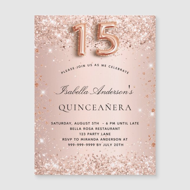 Quinceanera Rose Gold Glitzer Magnet Einladung (Vorderseite)