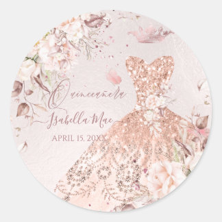 Quinceanera Rose Gold Glitzer Quince Kleidung Klas Runder Aufkleber