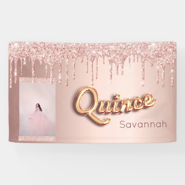 Quinceanera Rose Gold Glitzer Rosa Foto Banner (Horizontal)