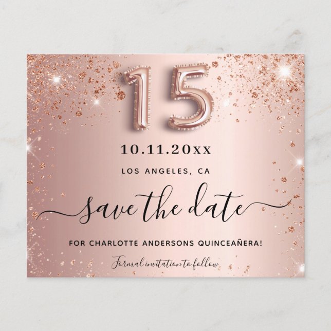 Quinceanera Rose Gold Glitzer Save the Date Karte (Vorderseite)
