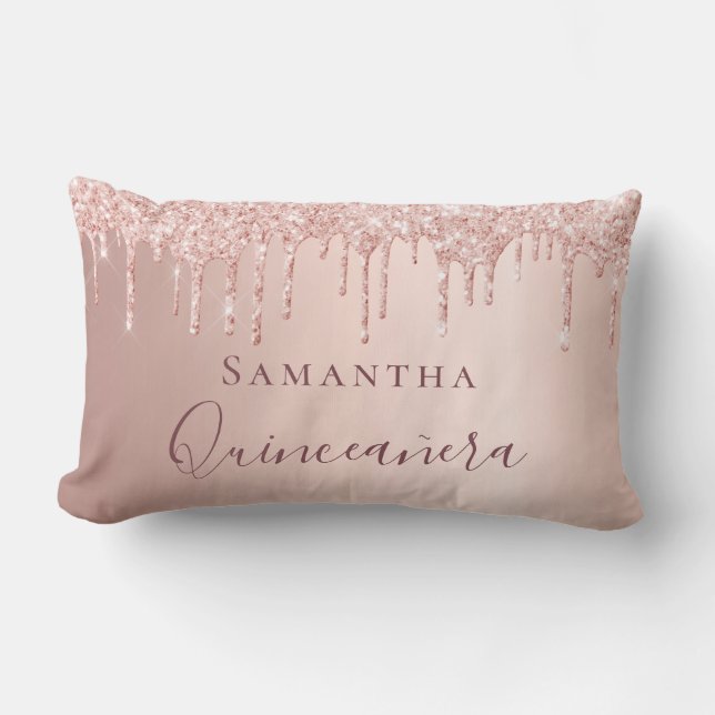 Quinceanera Rose Gold Glitzer Tropfen Monogramm Lendenkissen (Vorderseite)