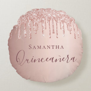 Quinceanera Rose Gold Glitzer Tropfen Monogramm Rundes Kissen