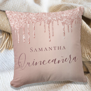 Quinceanera Rose Gold Glitzer Tropfen Name Kissen