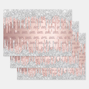 Quinceanera Rose Gold Glitzer Tropfen pink silber Geschenkpapier Set