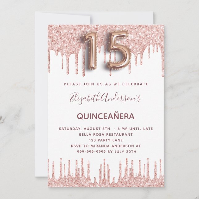 Quinceanera Rose Gold Glitzer Tropfen rosa Einladung (Vorderseite)