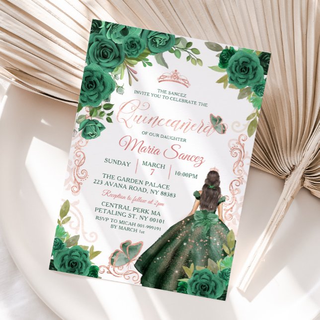 Quinceañera Rose Gold Hunter Green Einladung (Von Creator hochgeladen)