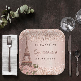 Quinceanera Rose gold Paris Eiffelturm Pappteller