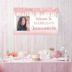Quinceanera Rose Gold Pink Glitzer Tropfen Foto Banner