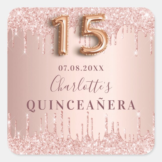 Quinceanera Rose Gold Quadratischer Aufkleber (Vorderseite)