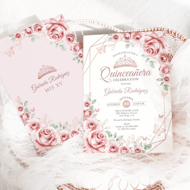 Quinceanera Rose Gold Rosa Blütenblätter Einladung (Von Creator hochgeladen)