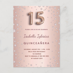 Quinceanera Rose Gold rosa Diamanten Ballonskript Postkarte