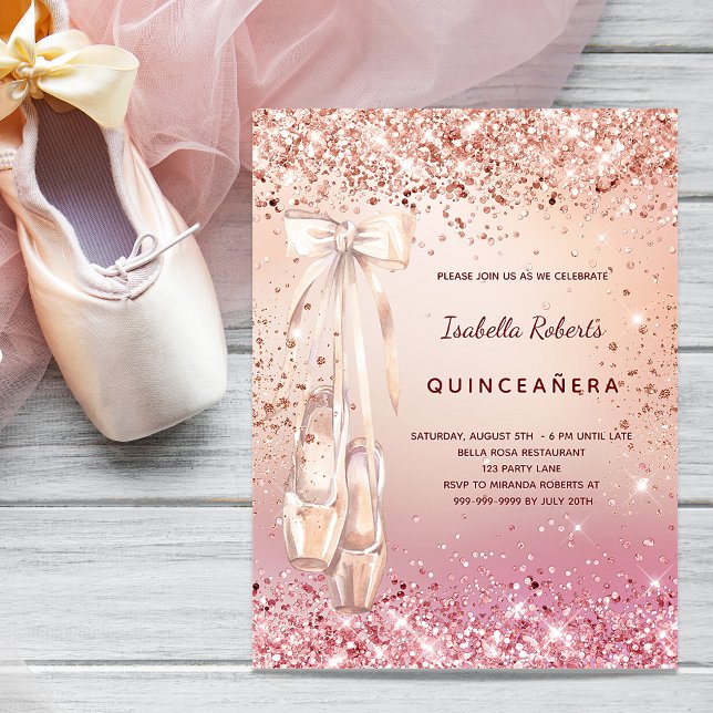 Quinceanera Rose Gold Rosa Glitzer Ballerina Einladungspostkarte (Von Creator hochgeladen)