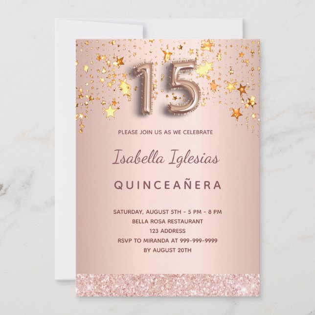 Quinceanera Rose Gold Rosa Sterne Ballon-Drehbuch Einladung (Vorderseite)