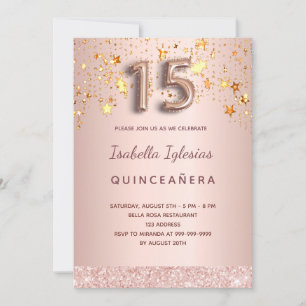 Quinceanera Rose Gold Rosa Sterne Ballon-Drehbuch Einladung