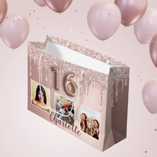 Quinceanera Rose Gold rosa Tropfen Foto Monogramm Große Geschenktüte