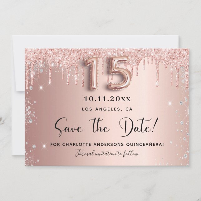 Quinceanera Rose Gold Silber Glitzer Save the Date (Vorderseite)