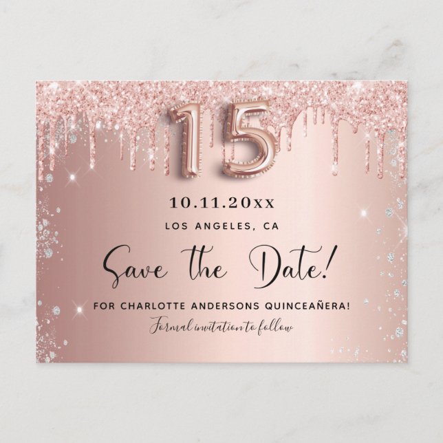 Quinceanera Rose Gold Silber Glitzer Save the Date Ankündigungspostkarte (Vorderseite)