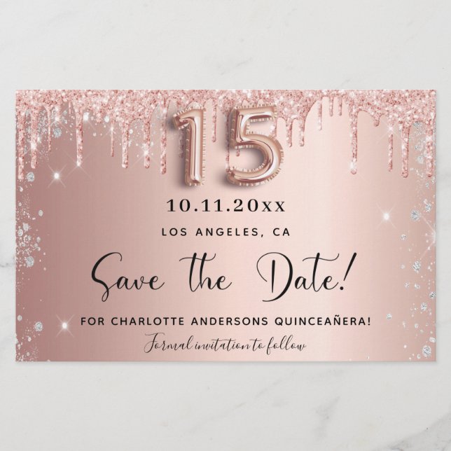 Quinceanera Rose Gold silber Save the Date Karte (Vorderseite)