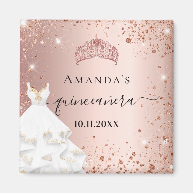 Quinceanera Rose Gold Tiara Kleid Glitzer Name Magnet (Vorne)