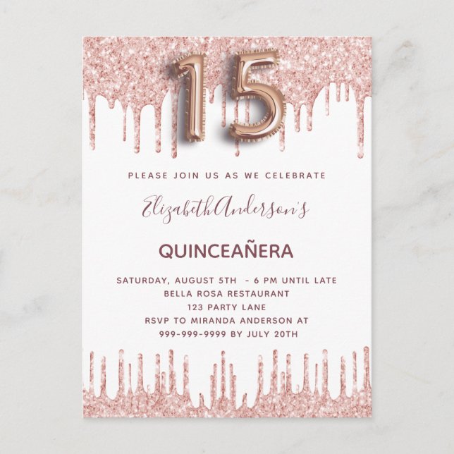 Quinceanera Rose Gold Tropfen rosa Einladungspostkarte (Vorderseite)