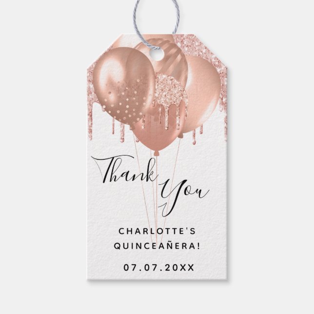 Quinceanera Rose Gold Weißer Ballon Vielen Dank Geschenkanhänger (Vorderseite)
