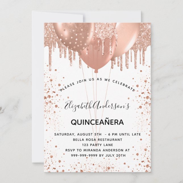 Quinceanera Rose Goldballons aus weißem Glitzer Einladung (Vorderseite)