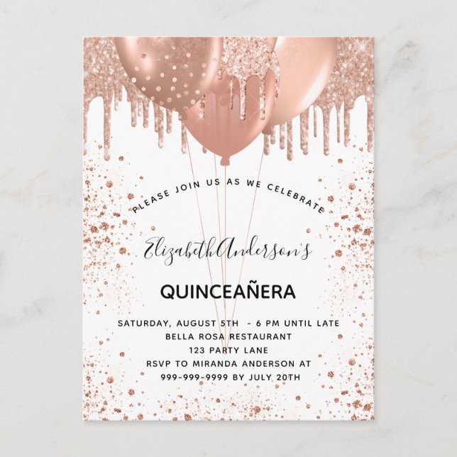 Quinceanera Rose Goldballons Einladungspostkarte (Vorderseite)