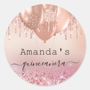 Quinceanera Rose Goldbarren Rosa Ballons Name Runder Aufkleber