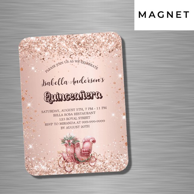 Quinceanera Rose Goldene Kutsche Luxus-Einladung Magnet (Von Creator hochgeladen)