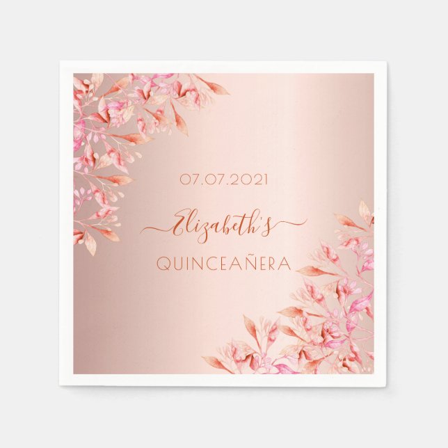 Quinceanera Rose Goldfarben Rosa Blüten botanisch Serviette (Vorderseite)
