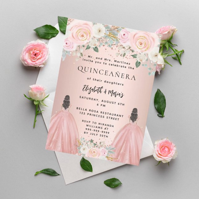 Quinceanera Rose Goldkleid Floral 2 Mädchen Zwilli Einladung (Von Creator hochgeladen)