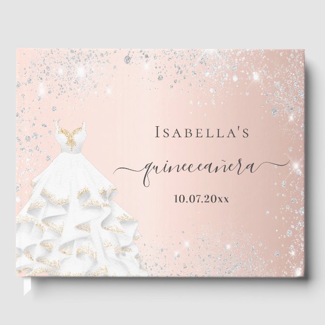 Quinceanera Rose Goldkleid Glitzer Gästebuch (Vorderseite)